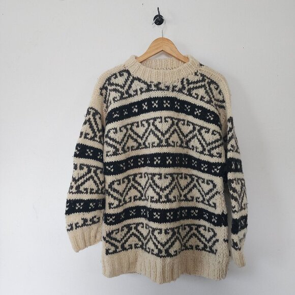 Womens Vintage Hand Made In Ecuador Sweater Handknit Geometric Ivory L/XL - Picture 1 of 6